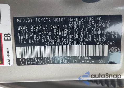 2010 Toyota Corolla Le z USA, uszkodzony, nr VIN 2T1BU4EE8AC386344